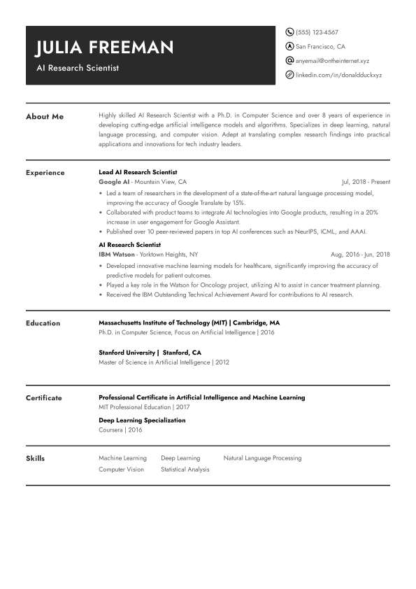 AI Research Scientist Resume Example