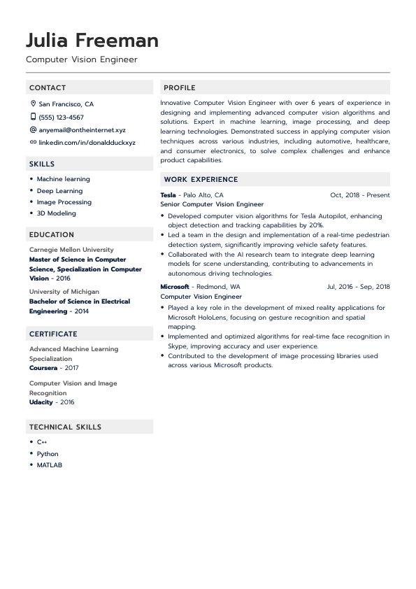 Computer Vision Engineer Resume Example