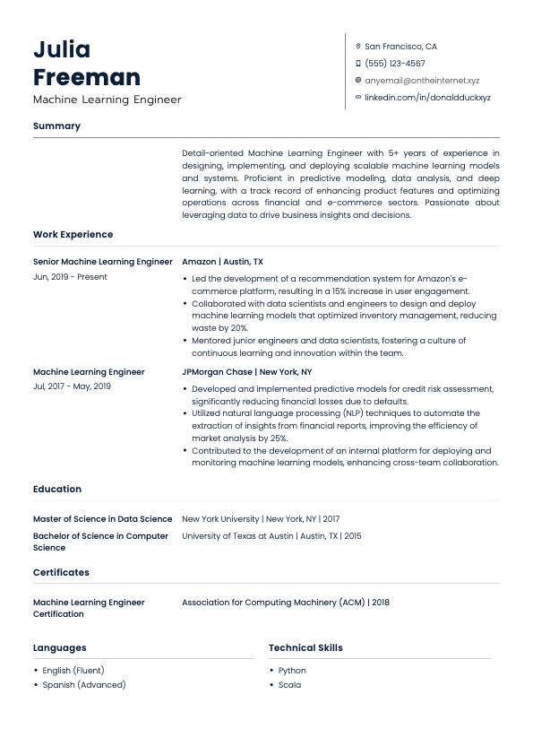 Machine learning resume example