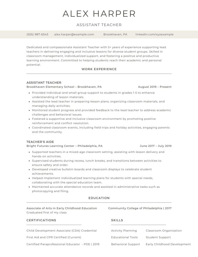 A professional assistant teacher resume example highlighting skills in classroom support, student engagement, and educational collaboration.