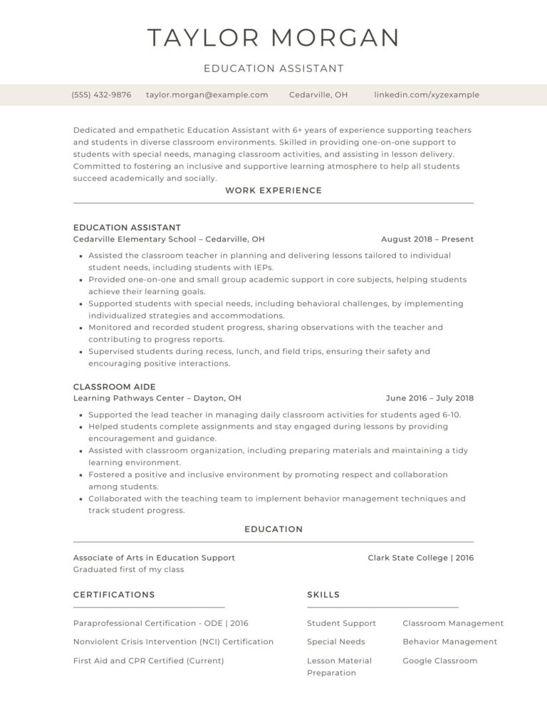 A professional education assistant resume example showcasing experience in classroom support, student assistance, and educational collaboration.