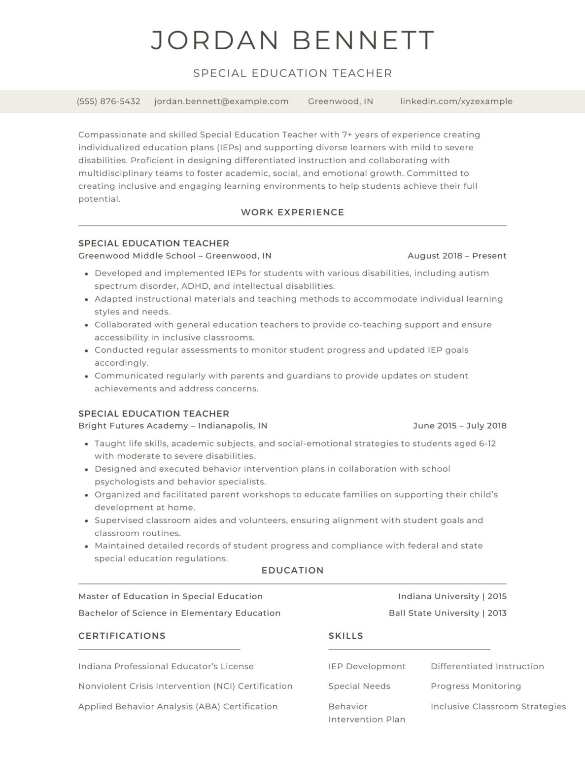 A professional special education teacher resume example showcasing experience, certifications, and skills in working with special needs students.