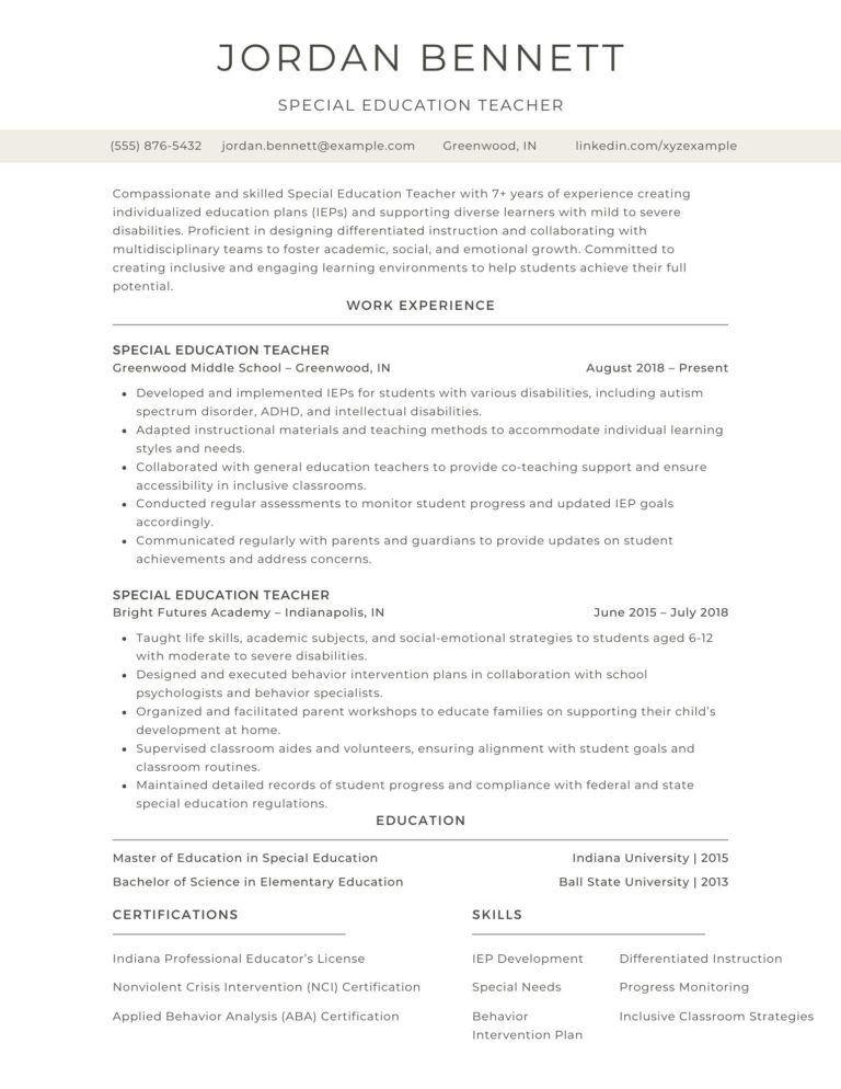 A professional special education teacher resume example showcasing experience, certifications, and skills in working with special needs students.