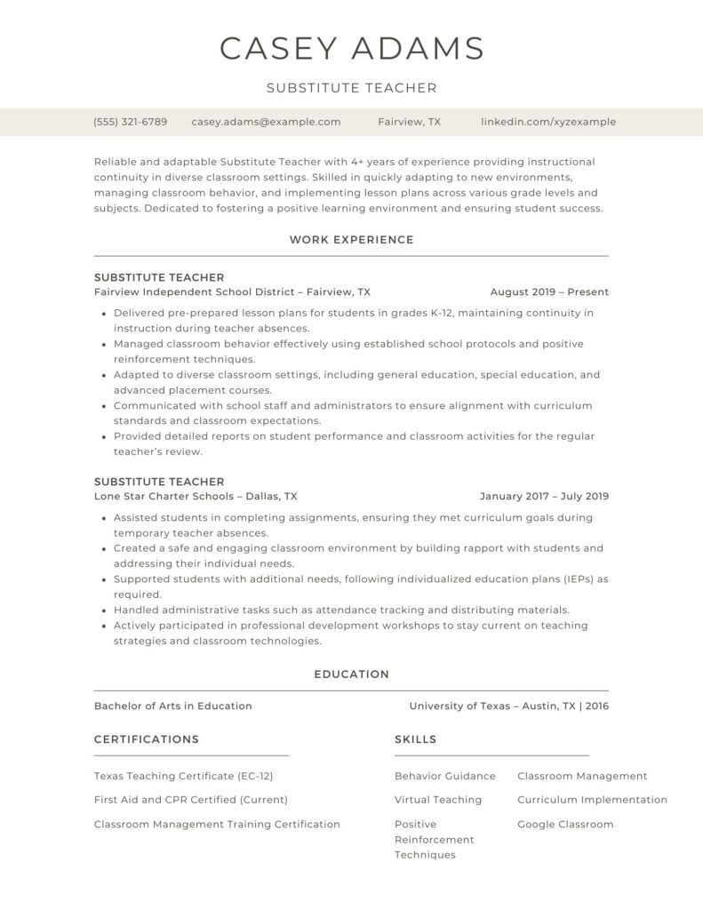 A detailed substitute teacher resume example featuring skills, classroom management experience, and education for substitute teaching roles.