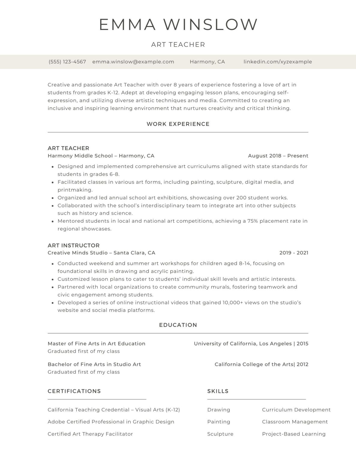 A professional art teacher resume example showcasing skills in art instruction, creative lesson planning, and student engagement.