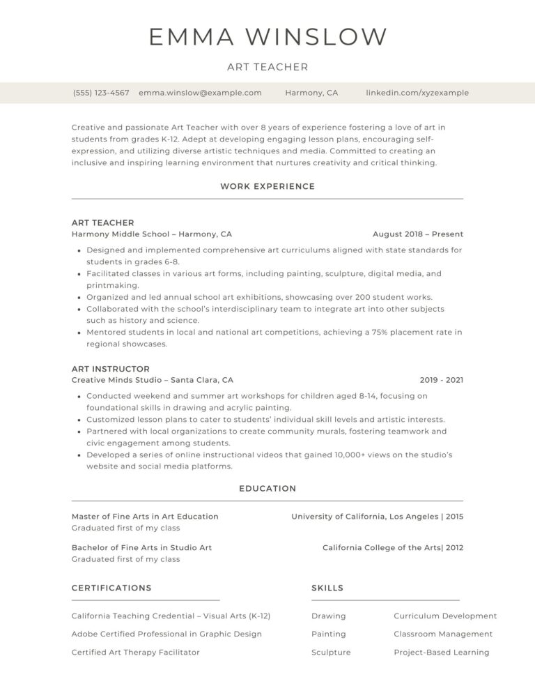 A professional art teacher resume example showcasing skills in art instruction, creative lesson planning, and student engagement.