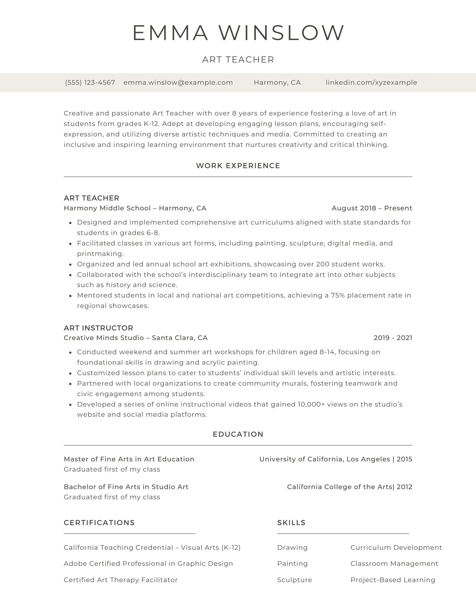 Art Teacher Resume Example - Art Teacher 