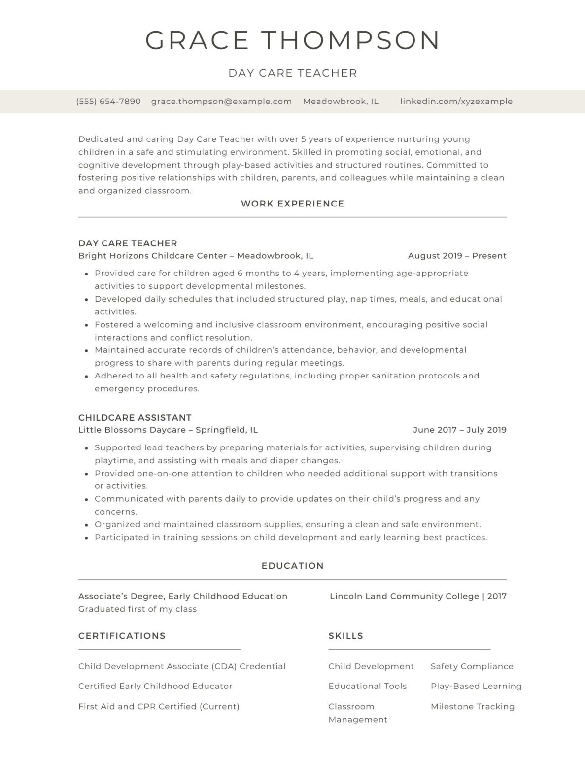 A professional day care teacher resume example featuring early childhood education experience, skills, and certifications.