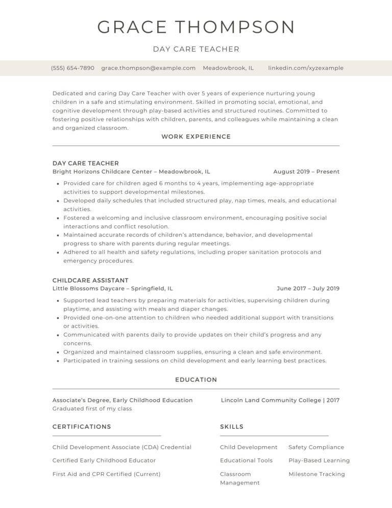 A professional day care teacher resume example featuring early childhood education experience, skills, and certifications.