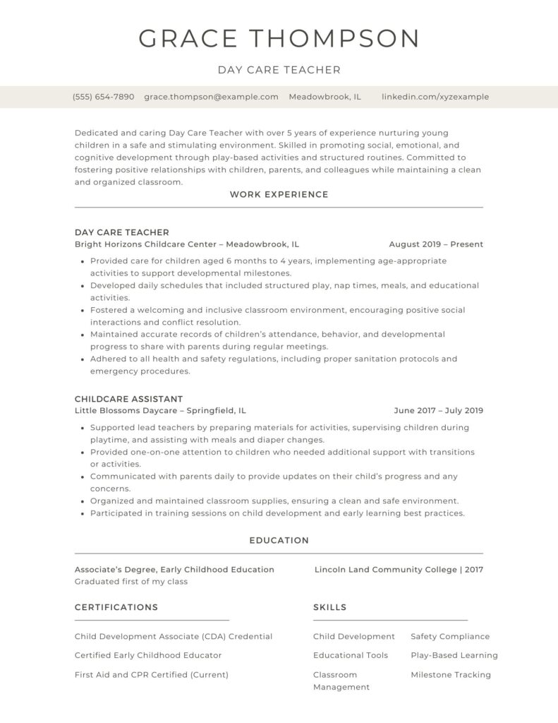 A professional day care teacher resume example featuring early childhood education experience, skills, and certifications.