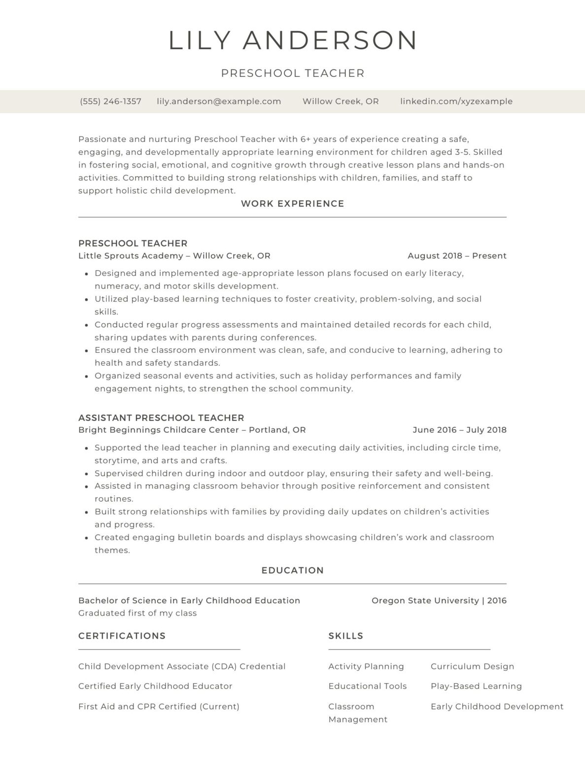 A professional preschool teacher resume example showcasing skills in early childhood education, classroom management, and creative teaching methods.