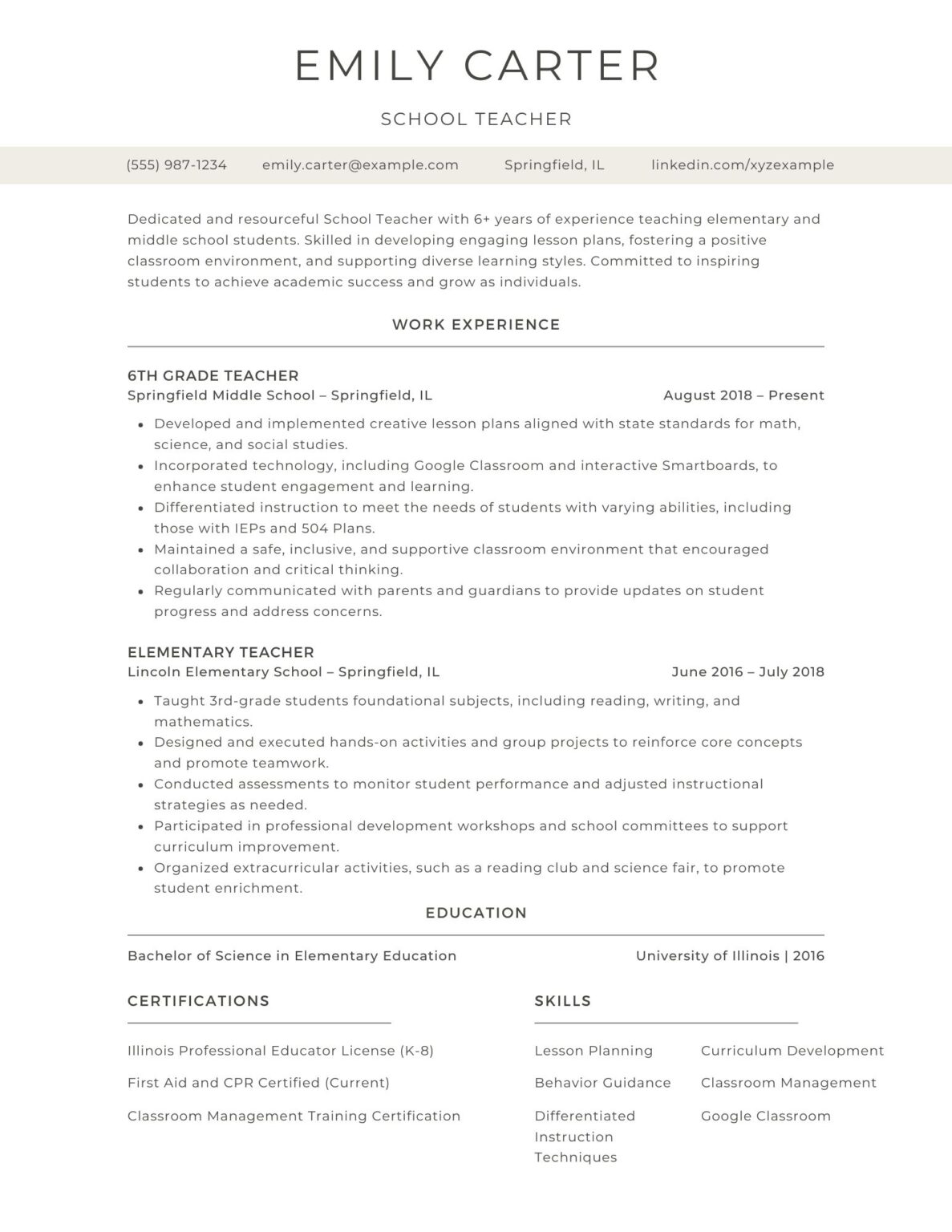 A clean and modern teacher resume example highlighting skills, experience, and education for teaching professionals.